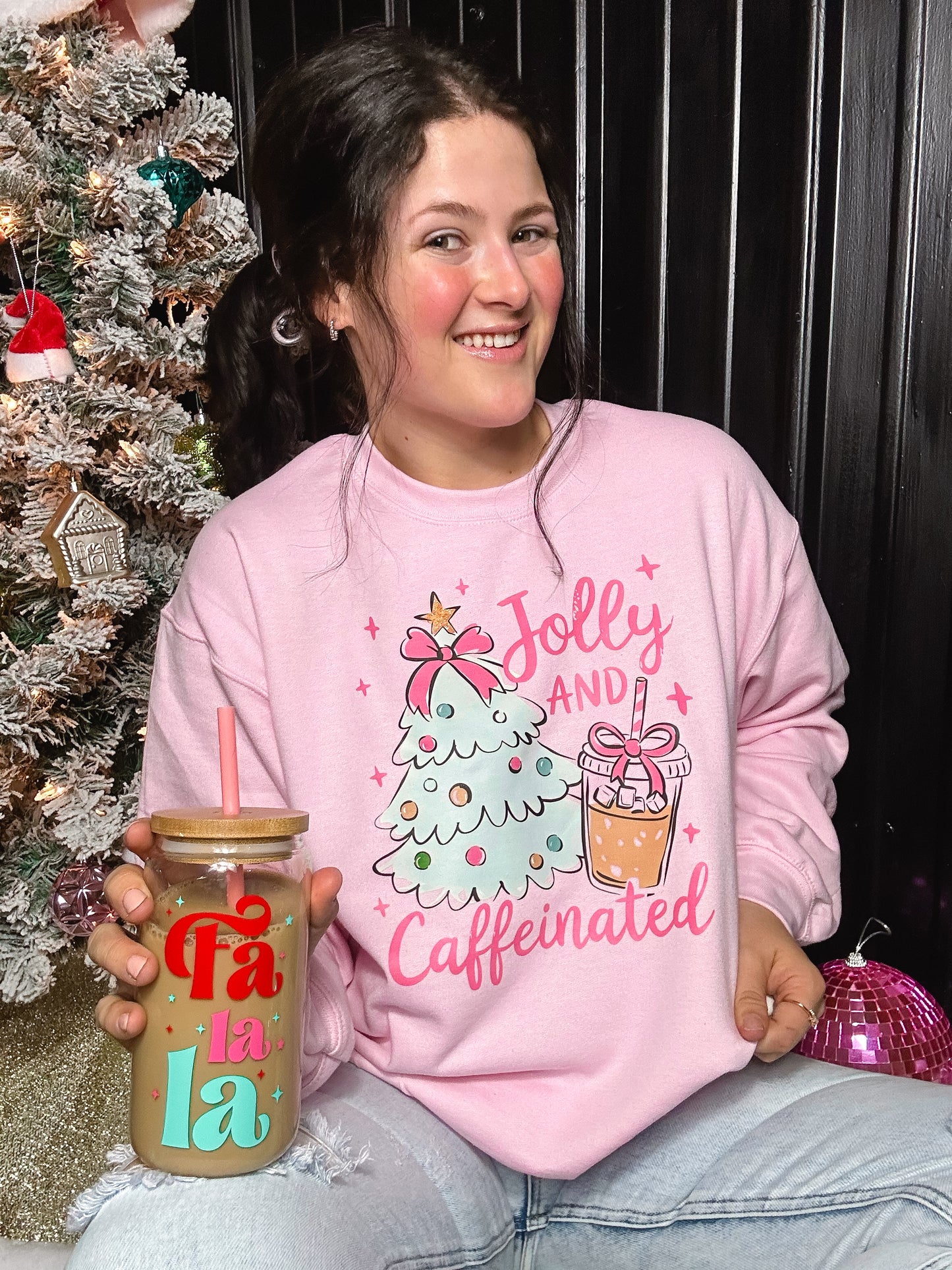 Jolly & Caffeinated Pink Christmas Graphic Sweatshirt