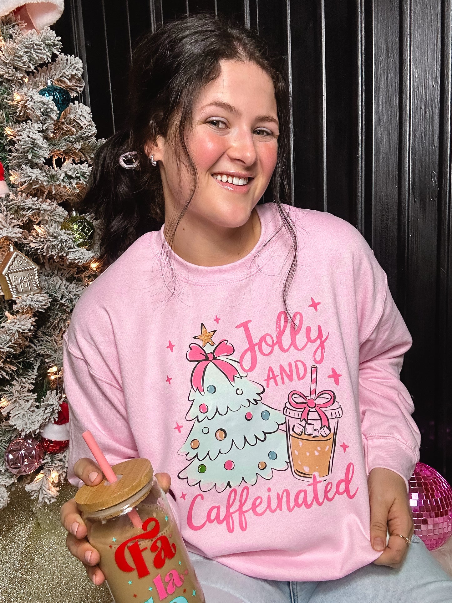 Jolly & Caffeinated Pink Christmas Graphic Sweatshirt