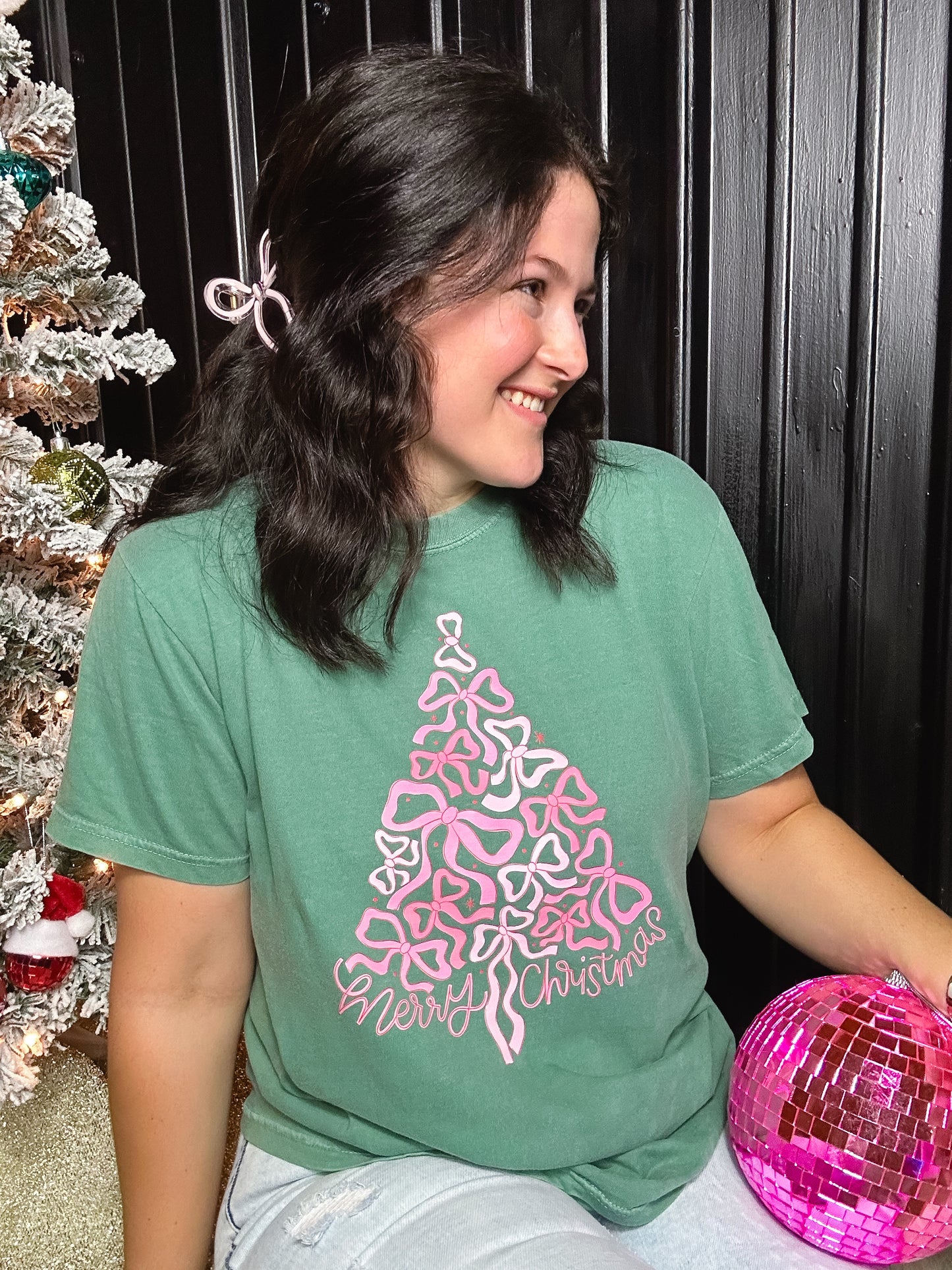 Preppy Bow Christmas Tree Comfort Colors Graphic Tee