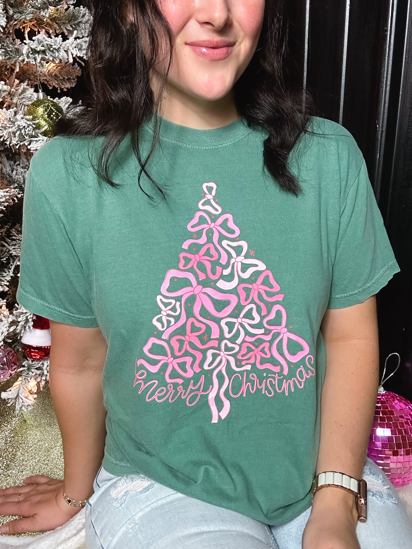 Preppy Bow Christmas Tree Comfort Colors Graphic Tee