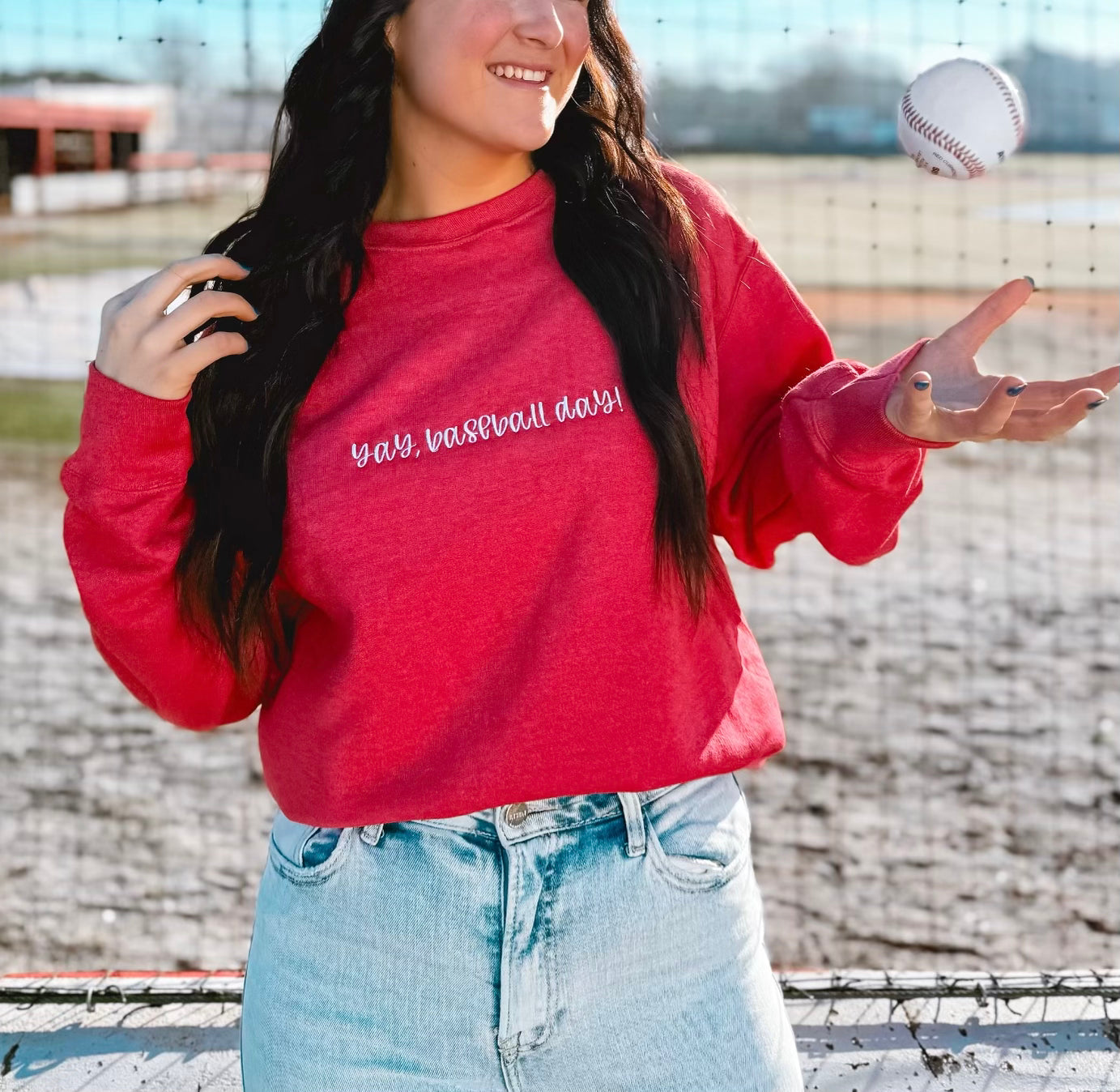 Yay, Baseball Day Embroidered Sweatshirt