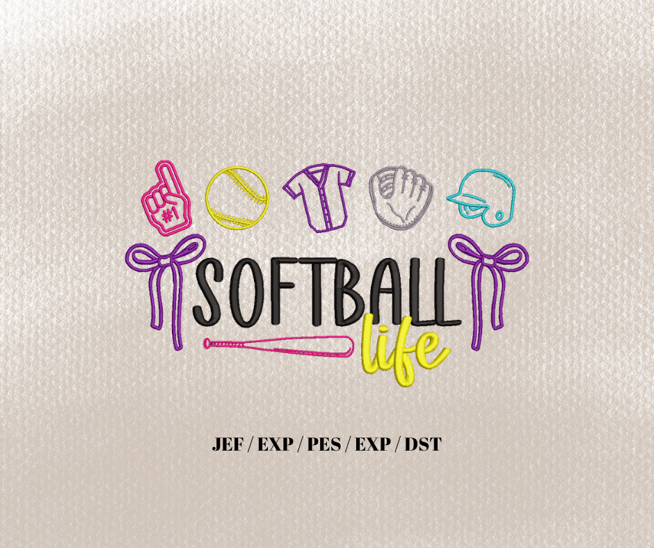 Softball Life Bow Icon Embroidery Design